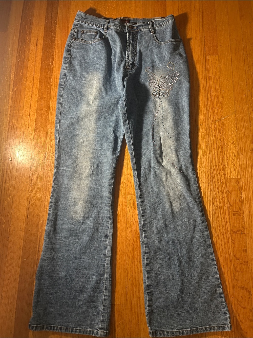 Rhinestone Accent Light Blue Flare Jeans